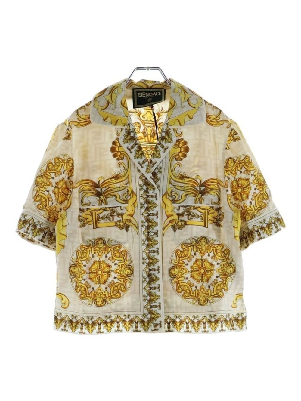 Fendi Fendace Short Sleeve Shirt Baroque Pattern Medusa Zucca Silk White Gold